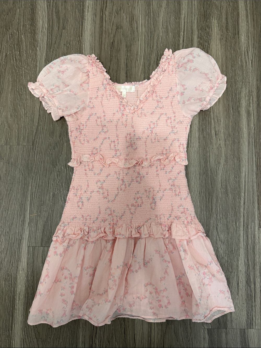 LoveShackFancy Pink Smocked Floral Puff Sleeve Dress